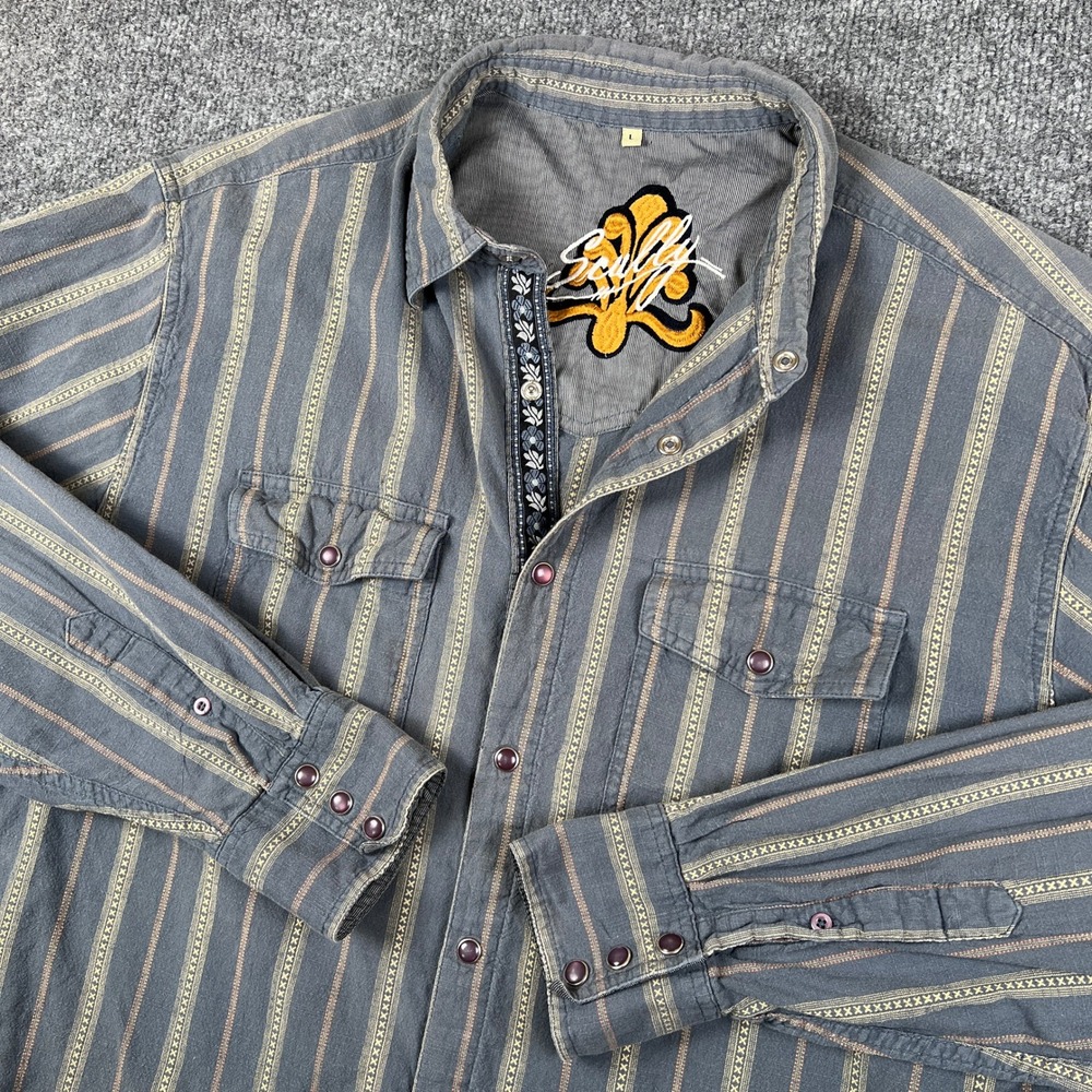 Scully Shirt Mens L Gray Striped Floral Pearl Snap Western Long Sleeve